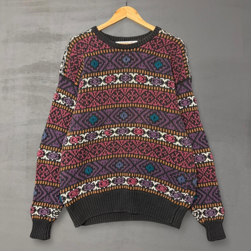 Vintage Northern Isles Sweater Grey Multi Fair Isle Hand Knit Crewneck Large